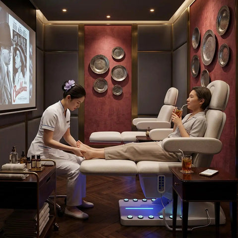 Professional Fully Electric Facial Massage Table With Lift For Estheticians, dual control used for a relaxing foot treatment in a spa setting.