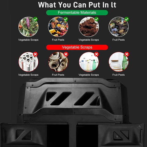 43 Gallon Outdoor Dual Chamber Compost Bin With 360 Degree Tumbling showing materials to compost and to avoid
