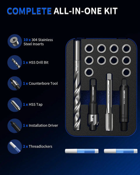 Thread Repair Kit M10x1.25 Metric With 14mm One Piece Inserts, 10 Piece Set For Fixing Stripped Threads In Metal, Automotive And Machinery With Simple Insertion System. Kit shown with inserts, drill bit, tap, counterbore, and driver
