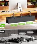 Under Desk Cable Management Tray No Drill Install, 36 Inch Fabric Cord Organizer in use on wooden desk, before and after setup.