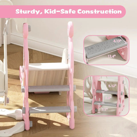Tot Friendly Indoor Playground Set With Safe Plastic Slide Swing And Mini Basketball Hoop Adjustable Height For Toddlers Aged 1 To 3 Multi Activity Center In Pink showing sturdy kid-safe step details.