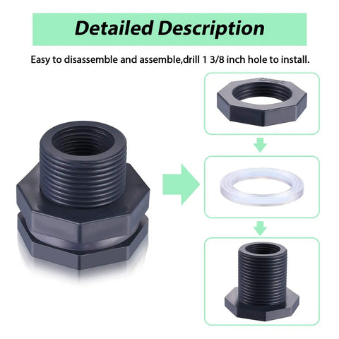 Three Quarters Inch PVC Bulkhead Fitting With Four Millimeter Silicone Seal Gasket for water tanks, showing parts and assembly steps.