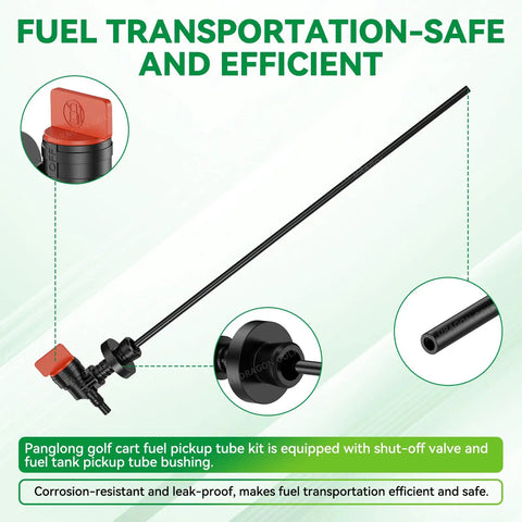 Club Car Fuel Pickup Tube Kit With Shutoff Valve And Tank Bushing For DS And Precedent Gas Golf Carts, Fits 1982 To 2015 DS Models And 2004 To 2011 Precedent Gas OEM Numbers 101896901 1012619 102406701, showing tube, valve, and bushing detail