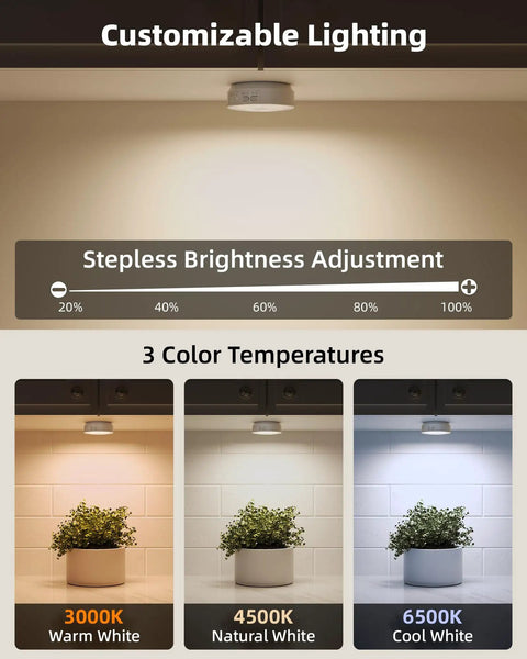 4 Pack Motion Sensor Closet Lights USB C Rechargeable Puck Lights For Under Cabinet And Stairs Dimmable 1200mAh Battery Magnetic Stick On Night Lights With 3 Color Temperatures showing brightness adjustment and color options.