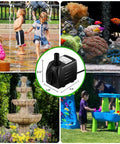 160GPH Whisper Quiet Submersible Fountain Pump With 3.3 Ft Tubing, shown with aquatic and garden uses.