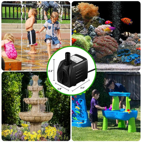 160GPH Whisper Quiet Submersible Fountain Pump With 3.3 Ft Tubing, shown with aquatic and garden uses.