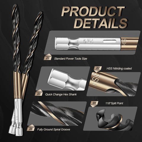 13-piece hex shank drill bit set, HSS nitride coated, black-gold finish, quick-change design, 1/16–1/4 in