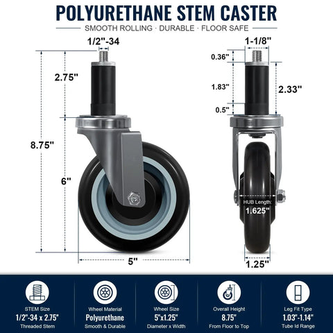 Grit Proof Heavy Duty Expanding Stem Casters Set Of Four For Standard One Inch Tube Legs Quiet Polyurethane Prep Table Wheels dimensions and features.