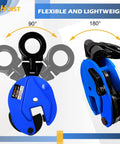 Front view of blue FITHOIST vertical plate clamp with black jaw assembly, 0.8 ton capacity, 0.6 in opening.
Side view of blue FITHOIST vertical plate clamp showing lever jaw and rotating ring mechanism.