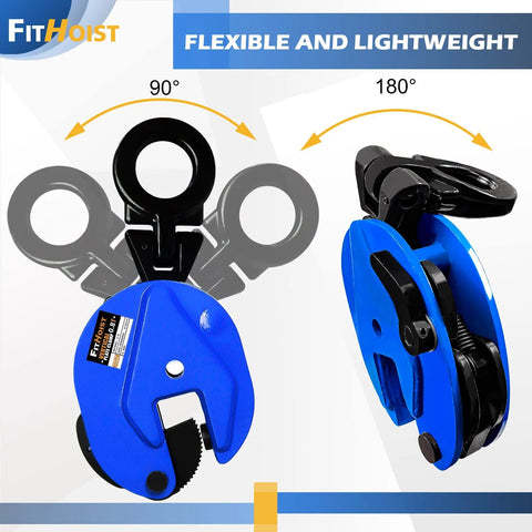 Front view of blue FITHOIST vertical plate clamp with black jaw assembly, 0.8 ton capacity, 0.6 in opening.
Side view of blue FITHOIST vertical plate clamp showing lever jaw and rotating ring mechanism.