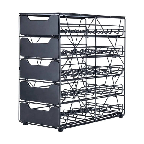 Countertop K Cup Holder Organizer With 105 Pod Capacity, 5 Tiers Of Tilted Slots, Keeps Keurig, Mr Coffee And Tea Pods Neatly In Place, Space Saving Kitchen Rack, 21 Pods Per Tier, Easy Access And Durable Design, black metal frame with visible slots