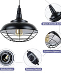 Sick Style Industrial Black Cage Plug In Pendant Light With Dimmable Switch Wall Outlet Fixture, black smooth surface, open cage design.
