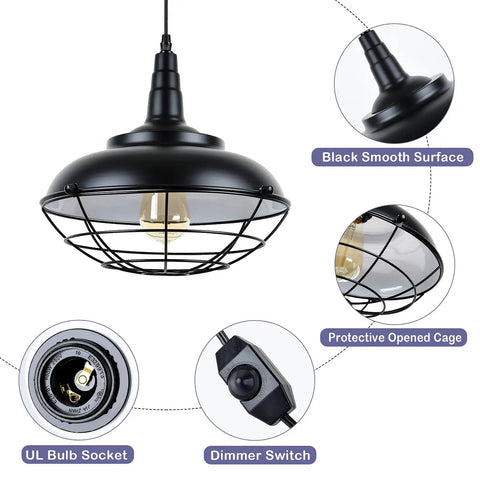 Sick Style Industrial Black Cage Plug In Pendant Light With Dimmable Switch Wall Outlet Fixture, black smooth surface, open cage design.