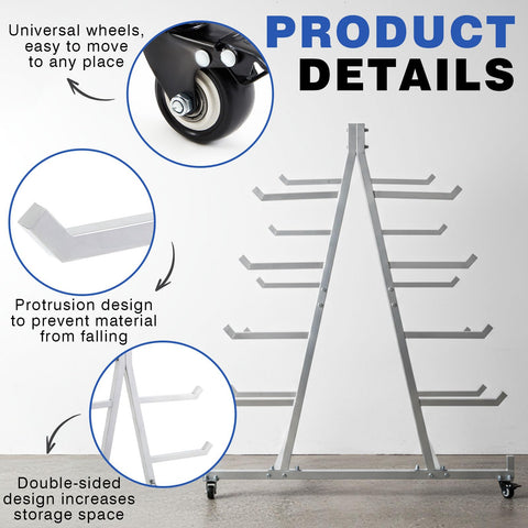 Smooth Rolling Cantilever Pipe Rack Cart With Five Tier Horizontal Lumber Storage Setup 1800 Pound Capacity Beast Mode Iron Frame Utility Shelving, detailed view of universal wheels and double-sided design