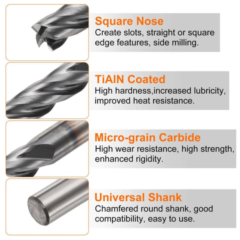 HARFINGTON carbide square-nose end mill bit with TiAlN coating; four-flute micro-grain carbide; universal shank.