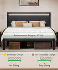 Modern Queen Bed Frame With Solid Wood Headboard And Metal Platform Base, Sturdy Industrial Style Sleeper with mattress height guide.
