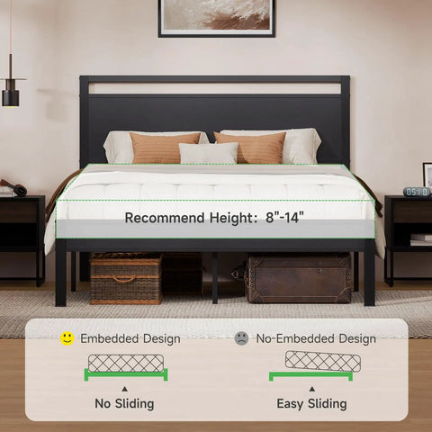 Modern Queen Bed Frame With Solid Wood Headboard And Metal Platform Base, Sturdy Industrial Style Sleeper with mattress height guide.