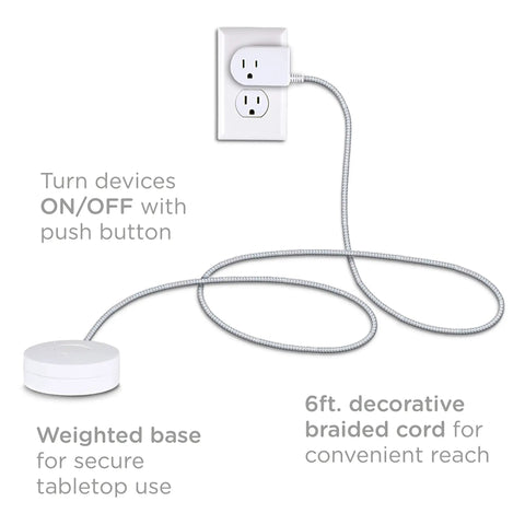6 Ft Braided Extension Cord with switch, 3-prong plug in wall outlet, tabletop base, ideal for lights, white and gray.