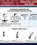 AR500 Steel Target shooting distance and angle guide for 3/8 inch silhouette target setup with ammunition recommendations.
