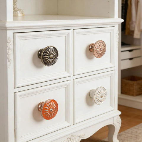 Round Single Hole Cabinet Door Handles and Knobs for Cupboards and Wardrobes on white drawers, retro European style.