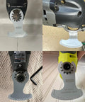 Close-up of Diamond Grout Multitool Blade Set For Grout Removal, 3 Pack, Oscillating Tool Blades attached to various tools.