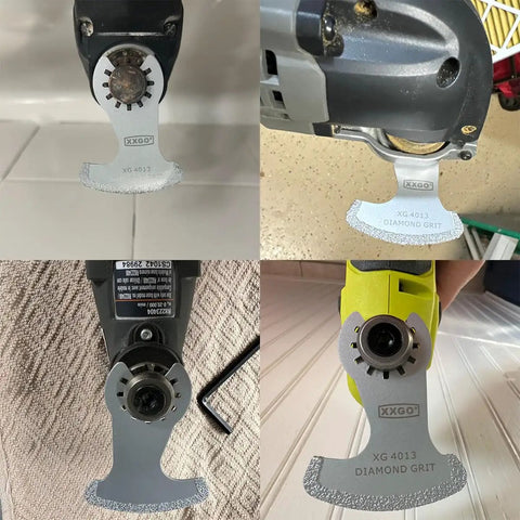 Close-up of Diamond Grout Multitool Blade Set For Grout Removal, 3 Pack, Oscillating Tool Blades attached to various tools.