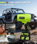 Powerful Cordless Leaf Blower with 21V Battery and Charger in front of car, includes two 13000mAh batteries, lightweight handheld design