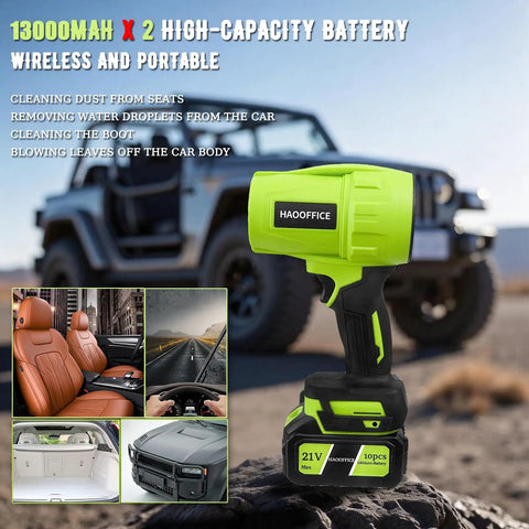 Powerful Cordless Leaf Blower with 21V Battery and Charger in front of car, includes two 13000mAh batteries, lightweight handheld design