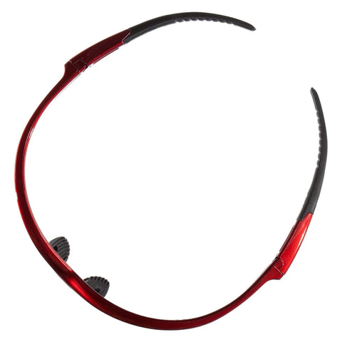 Top view of Nemesis Safety Glasses with Red Inferno Frame and Clear Anti-Fog Lenses, showing lightweight sporty design.