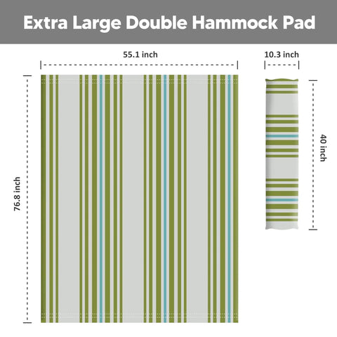 Outdoor Portable Two Person Hammock Pad For Camping And Outdoor Adventures, Quilted Polyester Pad With Two Layer Poly Fiber Filling For Cozy Comfort, Detachable Washable Cover With Reinforced Ties, Green. Striped double hammock pad measuring 55.1 x 76.8 inches with reinforced ties.