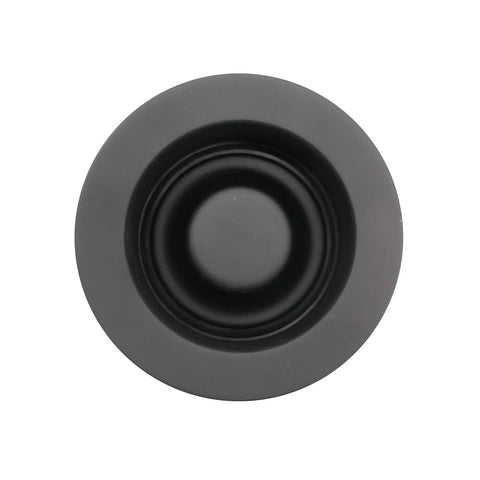 Top view of matte black 3-1/2 Inch EZ Mount Brass Kitchen Sink Disposal Drain Flange And Stopper with 4-1/4 Inch rim diameter