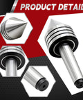 Front and side views of Nakkaa MT2 heavy-duty tailstock live center; chrome steel with 60° conical tip and ball-bearing design.