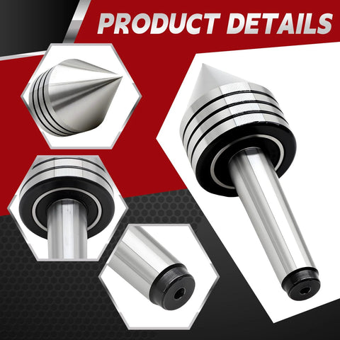 Front and side views of Nakkaa MT2 heavy-duty tailstock live center; chrome steel with 60° conical tip and ball-bearing design.