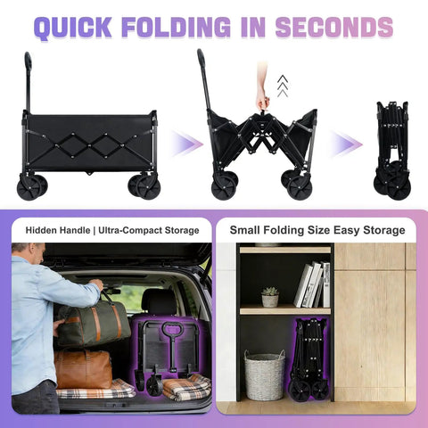 Heavy Duty Folding Wagon Cart With 360 Degree Wheels All Terrain Carrier 100Kg Capacity Portable Lightweight Gear Hauler