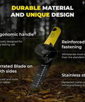 Close-up of Beefy Heavy Duty Metal Detector Shovel with double serrated edge, ergonomic handle, and stainless steel blade in forest