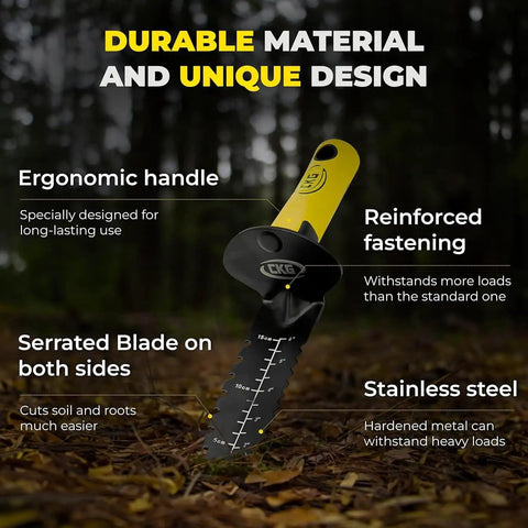 Close-up of Beefy Heavy Duty Metal Detector Shovel with double serrated edge, ergonomic handle, and stainless steel blade in forest