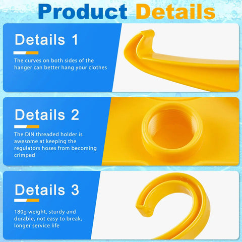 Close-up of Eight Pack Scuba Hanger With DIN Threads For Regulators And BCD Vests, heavy duty plastic in bright yellow, side design