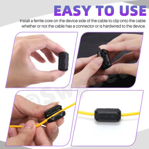 Close-up of Clip On Ferrite Ring Core Kit With Toroid Core being installed on a yellow cable, showing easy installation.