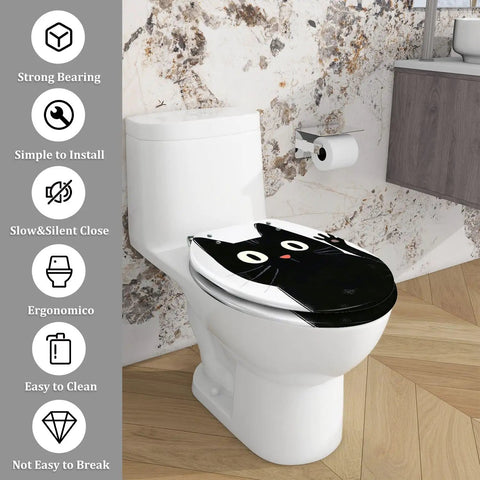 Elongated Resin Toilet Seat for Halloween Bathroom Decor on a white toilet, featuring a black cat design, easy to install.