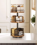 3-Tier Lazy Susan Organizer with Rotating Turntable Spice Rack on kitchen countertop, Rustic Brown and Black Finish, 360 Degree Spin