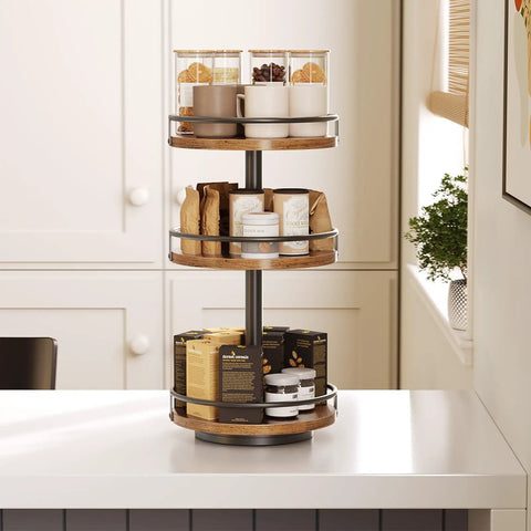 3-Tier Lazy Susan Organizer with Rotating Turntable Spice Rack on kitchen countertop, Rustic Brown and Black Finish, 360 Degree Spin