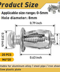 Close-up of 20 Pcs M4 X 20 Hollow Door Anchor Set For Hollow Walls Stainless Steel Cavity Fixing Anchors with size details