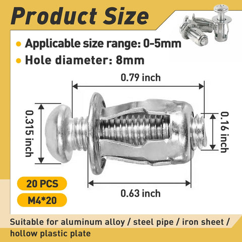 Close-up of 20 Pcs M4 X 20 Hollow Door Anchor Set For Hollow Walls Stainless Steel Cavity Fixing Anchors with size details
