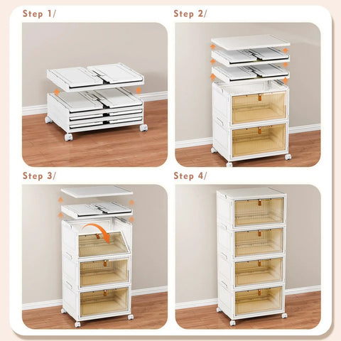 Four Tier Stackable Plastic Storage Bins With Lids, 27.5 Qt Per Bin, 110 Qt Total Capacity, shown in four assembly steps.