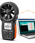 Pro Handheld HVAC Anemometer And CFM Flow Meter With Wet Bulb Temp Wind Speed Temperature Humidity Dew Point And Max Min Readouts For Smooth Boss Level HVAC Balancing And Quick Computer Sync, handheld plastic meter with fan and laptop