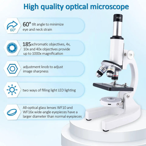 Kid Friendly For All Ages 40x To 2000x Microscope With Phone Adapter And Slides Set For School, Lab And Home Education, Crystal Clear Optical Lenses, Easy To Use, Great For Science Projects And Exploring Details. Optical microscope with 60° tilt, LED light and lenses.