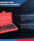 1/2-Inch Drive Allen Socket Set With 3-Inch Length Bits, open in red case with size markings, durable and portable design.
