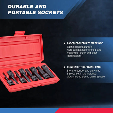 1/2-Inch Drive Allen Socket Set With 3-Inch Length Bits, open in red case with size markings, durable and portable design.