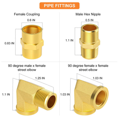 Brass 1/4 in NPT pipe fittings set of 4: female coupling, male hex nipple, 90-degree street elbows, shown from multiple angles
