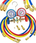 Pro Grade Refrigerant Charging Hoses With Diagnostic Manifold Gauge Set For R410A R22 R404 Refrigerants, Sixty Inch Color Coded Hoses In Red Yellow Blue With Two Quick Couplers, Durable High Pressure Easy To Use HVAC Tool Kit.